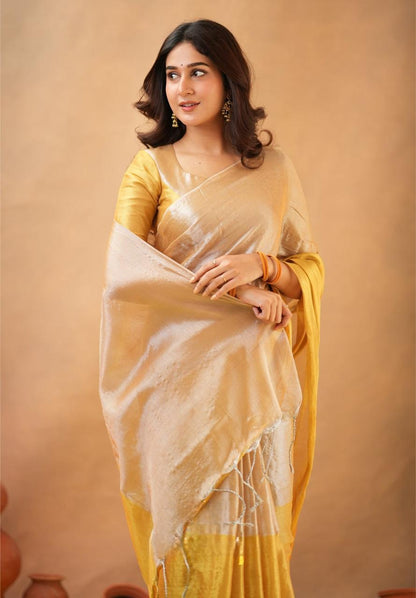 Swarna Kiran Yellow Tissue Cotton Handloom Saree