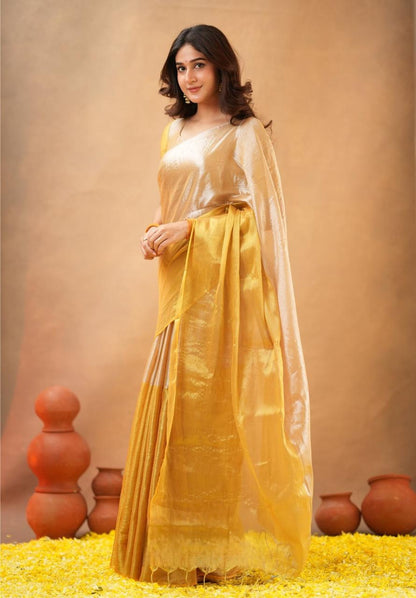 Swarna Kiran Yellow Tissue Cotton Handloom Saree