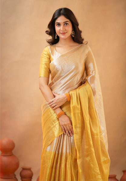 Swarna Kiran Yellow Tissue Cotton Handloom Saree