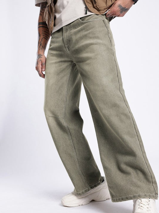 Men’s Beige Wide Leg Light Fade Jeans – 100% Cotton, Mid-Rise, 5-Pocket, Regular Length