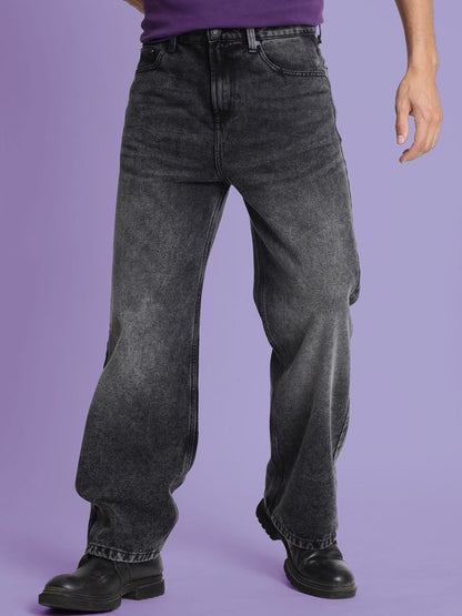 Men’s Medium Shade Heavy Fade Black Wide-Leg Cropped Jeans – 100% Cotton, Mid-Rise, 5-Pocket