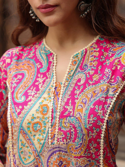 Pink, White & Green Paisley Printed A-Line Kurta – Viscose Rayon, Knee-Length, 3/4 Flared Sleeve, Women’s Ethnic Wear