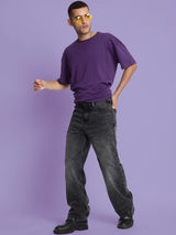 Men’s Medium Shade Heavy Fade Black Wide-Leg Cropped Jeans – 100% Cotton, Mid-Rise, 5-Pocket