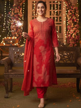 Red Ethnic Printed Kurta with Trousers & Dupatta – Rayon Blend, Straight Fit, 3/4 Sleeve, Women’s Ethnic Set