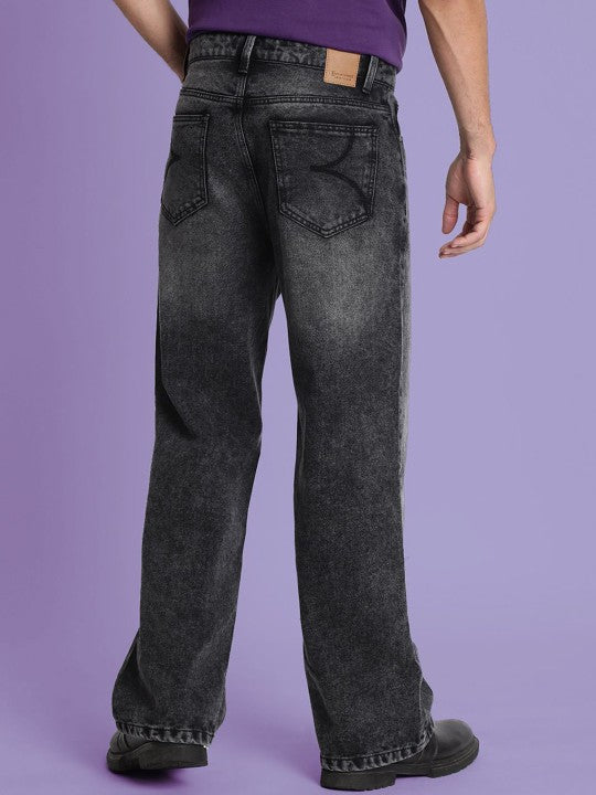 Men’s Medium Shade Heavy Fade Black Wide-Leg Cropped Jeans – 100% Cotton, Mid-Rise, 5-Pocket