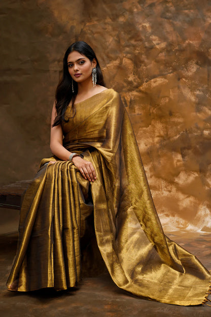 Rajshree Dark Golden Tissue Cotton Handloom Saree