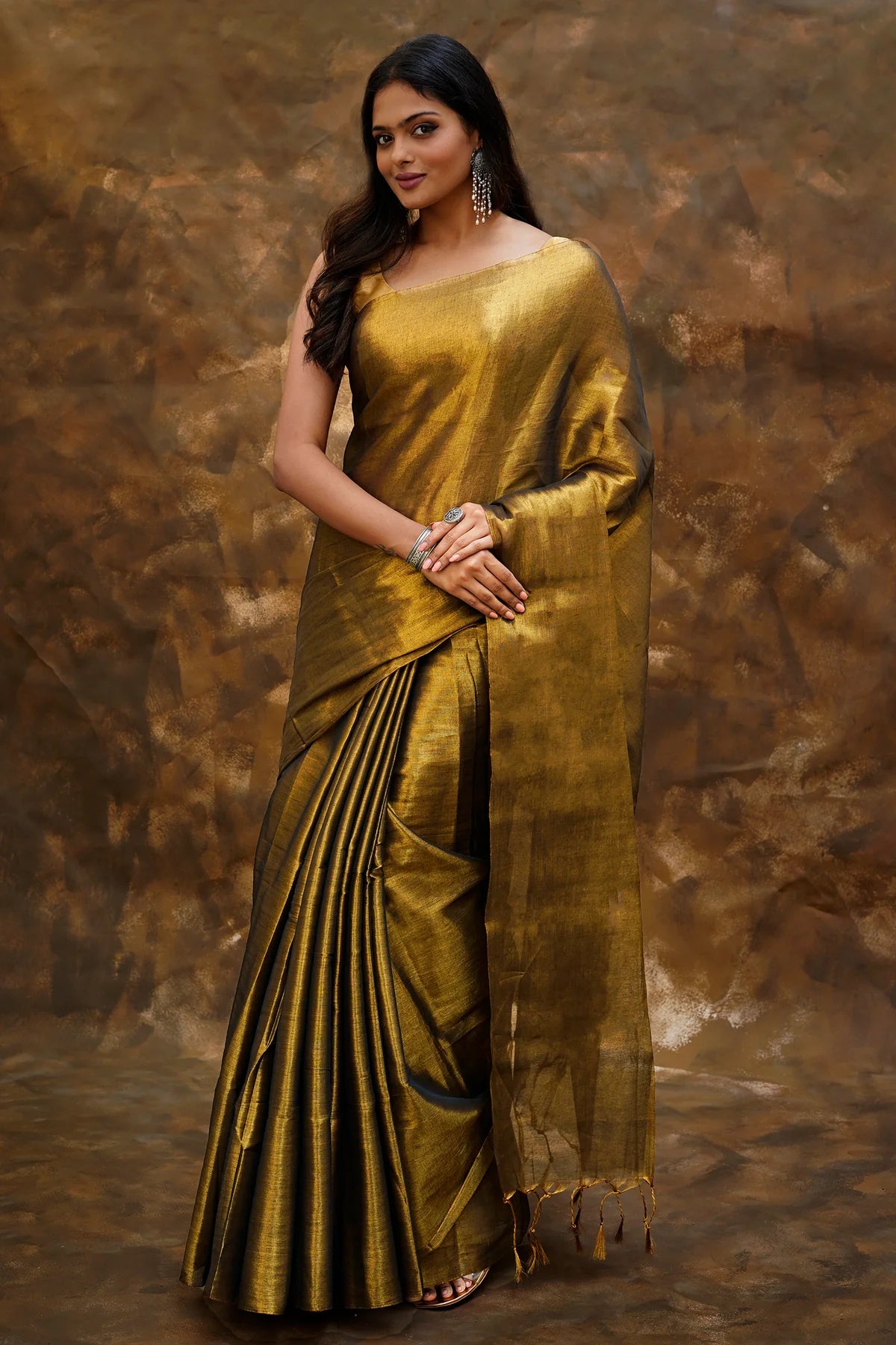 Rajshree Dark Golden Tissue Cotton Handloom Saree