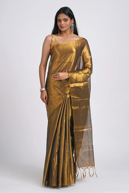 Rajshree Dark Golden Tissue Cotton Handloom Saree
