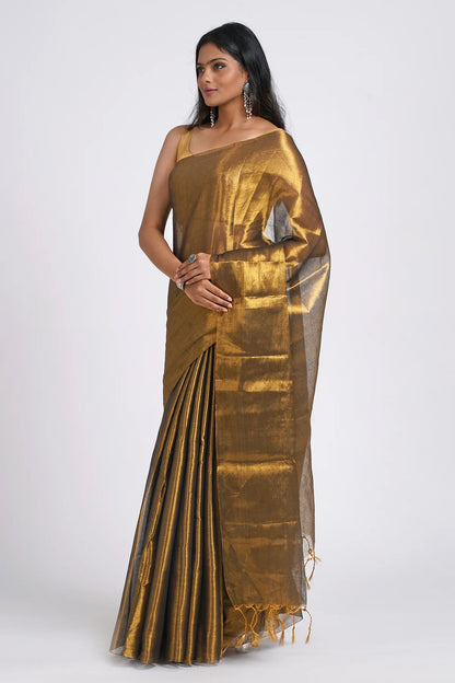 Rajshree Dark Golden Tissue Cotton Handloom Saree