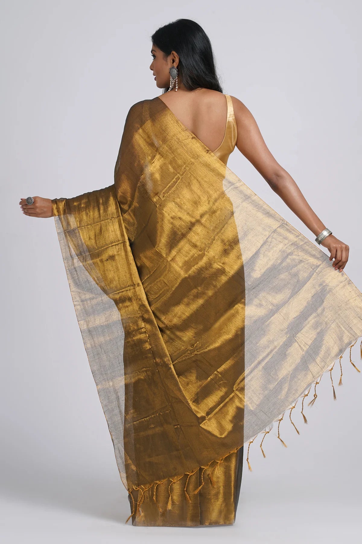 Rajshree Dark Golden Tissue Cotton Handloom Saree