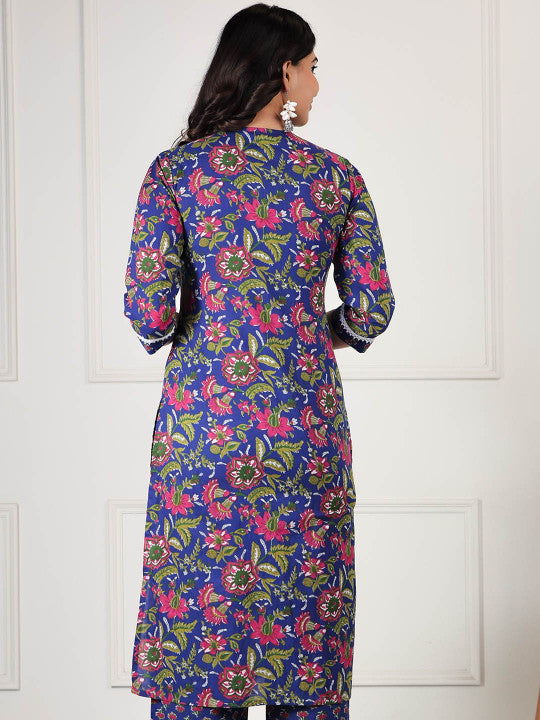 Blue Floral Printed Kurta with Patchwork – Cotton, Straight Fit, 3/4 Sleeve, Women’s Ethnic Wear