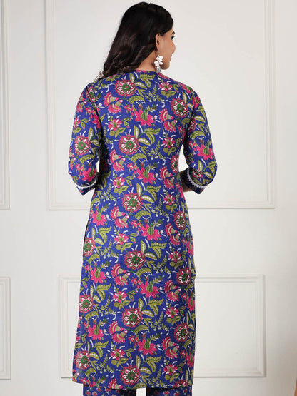 Blue Floral Printed Kurta with Patchwork – Cotton, Straight Fit, 3/4 Sleeve, Women’s Ethnic Wear