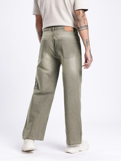 Men’s Beige Wide Leg Light Fade Jeans – 100% Cotton, Mid-Rise, 5-Pocket, Regular Length
