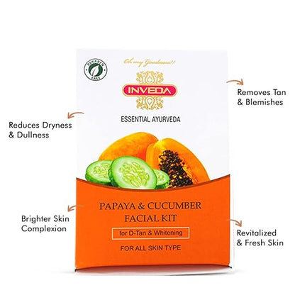 Inveda Papaya and Cucumber Facial Kit, Helps to Reduce Tan, Blemish & Dark Spots with Papaya, Cucumber, Shea Butter, Give Bright & Clear Skin, 37ml