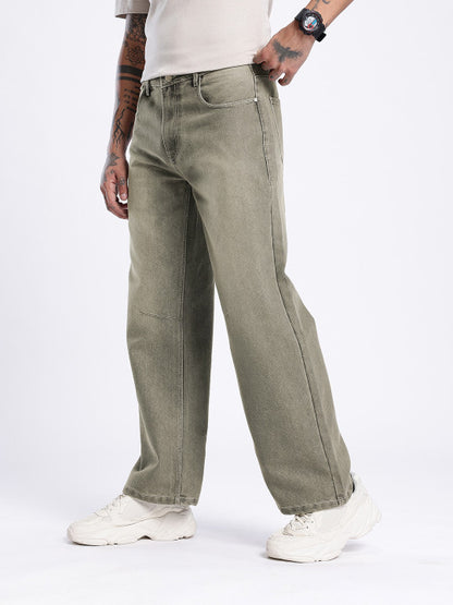 Men’s Beige Wide Leg Light Fade Jeans – 100% Cotton, Mid-Rise, 5-Pocket, Regular Length