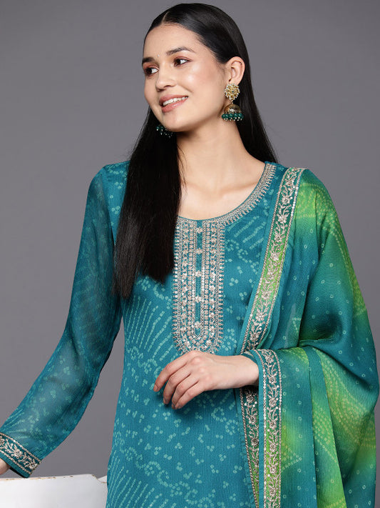 Turquoise Blue Bandhani Printed Kurta with Trousers & Dupatta – Poly Chiffon, Straight Fit, 3/4 Sleeve, Women’s Ethnic Set