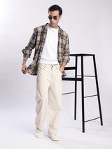 Men’s Beige Baggy Fit Mid-Rise 100% Cotton Jeans – 5-Pocket, Regular Length
