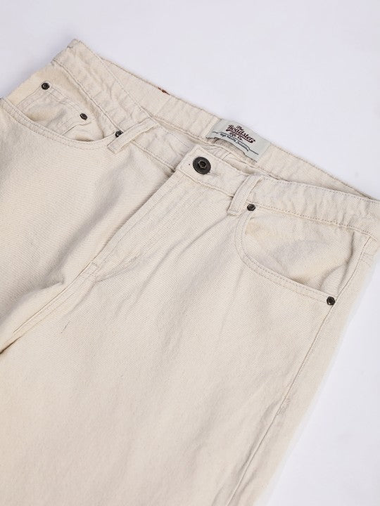 Men’s Beige Baggy Fit Mid-Rise 100% Cotton Jeans – 5-Pocket, Regular Length