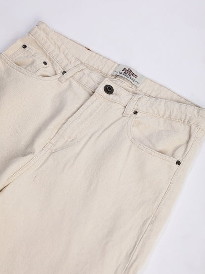 Men’s Beige Baggy Fit Mid-Rise 100% Cotton Jeans – 5-Pocket, Regular Length