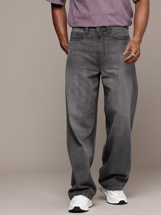 Roadster Men’s Light Shade Heavy Fade Wide Leg Black Jeans – 100% Cotton, Mid-Rise, Regular Length