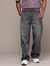 Roadster Men’s Light Shade Heavy Fade Wide Leg Black Jeans – 100% Cotton, Mid-Rise, Regular Length