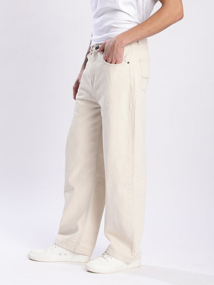 Men’s Beige Baggy Fit Mid-Rise 100% Cotton Jeans – 5-Pocket, Regular Length