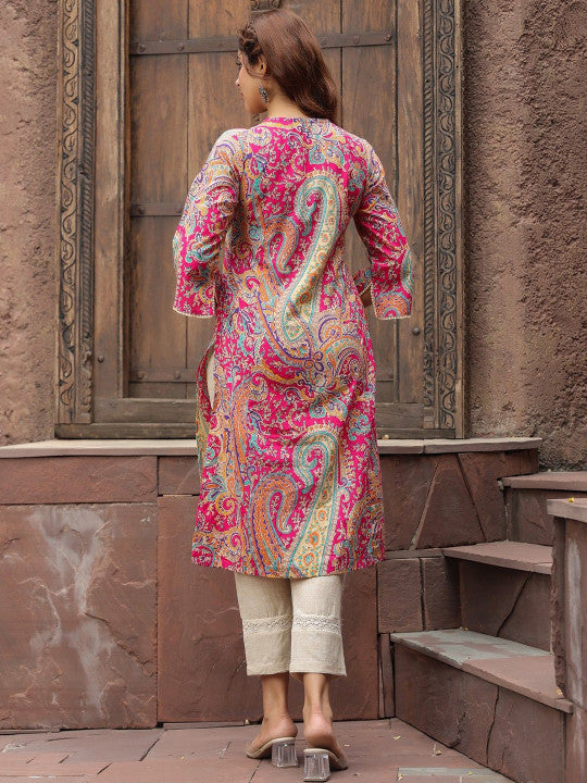 Pink, White & Green Paisley Printed A-Line Kurta – Viscose Rayon, Knee-Length, 3/4 Flared Sleeve, Women’s Ethnic Wear