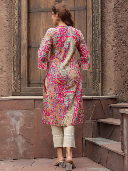 Pink, White & Green Paisley Printed A-Line Kurta – Viscose Rayon, Knee-Length, 3/4 Flared Sleeve, Women’s Ethnic Wear
