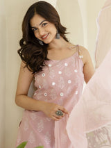 Pink & White Floral Printed Kurta with Pyjama & Dupatta – Cotton, Straight Fit, Sleeveless, Women’s Ethnic Set