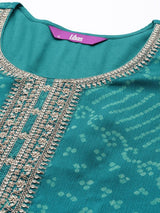 Turquoise Blue Bandhani Printed Kurta with Trousers & Dupatta – Poly Chiffon, Straight Fit, 3/4 Sleeve, Women’s Ethnic Set