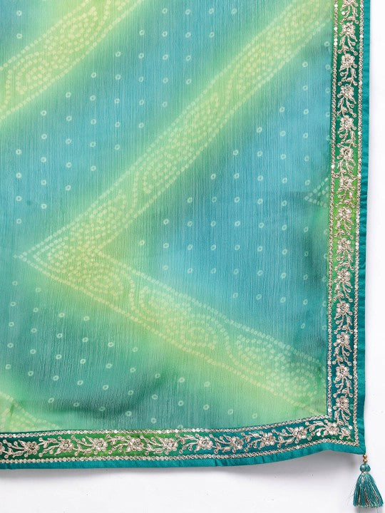 Turquoise Blue Bandhani Printed Kurta with Trousers & Dupatta – Poly Chiffon, Straight Fit, 3/4 Sleeve, Women’s Ethnic Set
