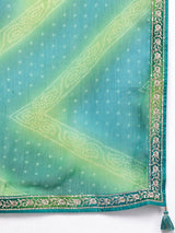 Turquoise Blue Bandhani Printed Kurta with Trousers & Dupatta – Poly Chiffon, Straight Fit, 3/4 Sleeve, Women’s Ethnic Set