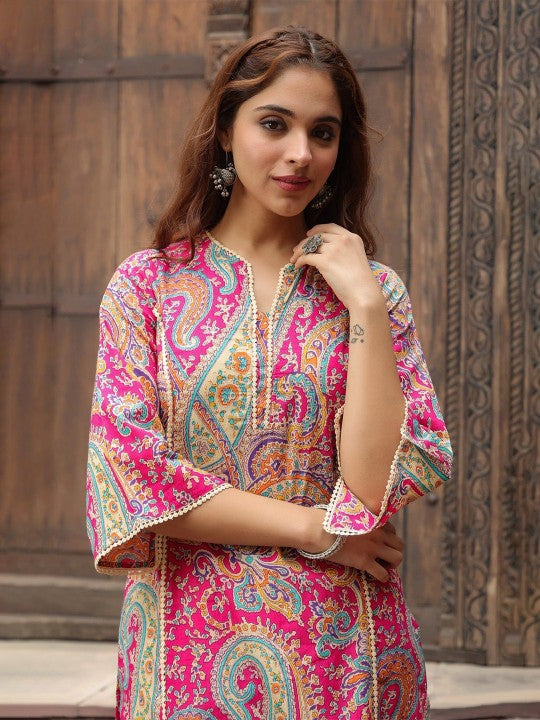 Pink, White & Green Paisley Printed A-Line Kurta – Viscose Rayon, Knee-Length, 3/4 Flared Sleeve, Women’s Ethnic Wear