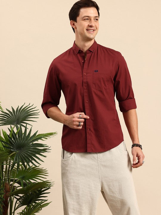 Aman Garments Men’s Maroon Regular Fit 100% Cotton Casual Shirt – Button-Down Collar, Long Sleeves