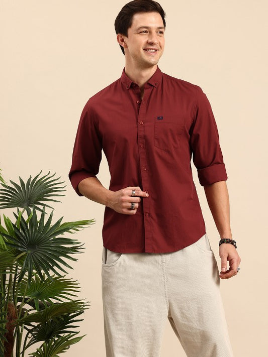 Aman Garments Men’s Maroon Regular Fit 100% Cotton Casual Shirt – Button-Down Collar, Long Sleeves