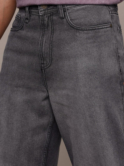 Roadster Men’s Light Shade Heavy Fade Wide Leg Black Jeans – 100% Cotton, Mid-Rise, Regular Length