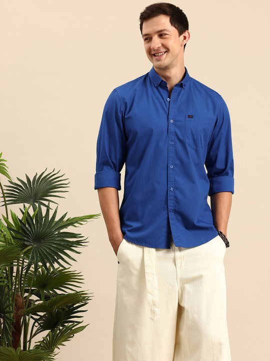 Aman Garments Men’s Blue Regular Fit 100% Cotton Casual Shirt – Button-Down Collar, Long Sleeves