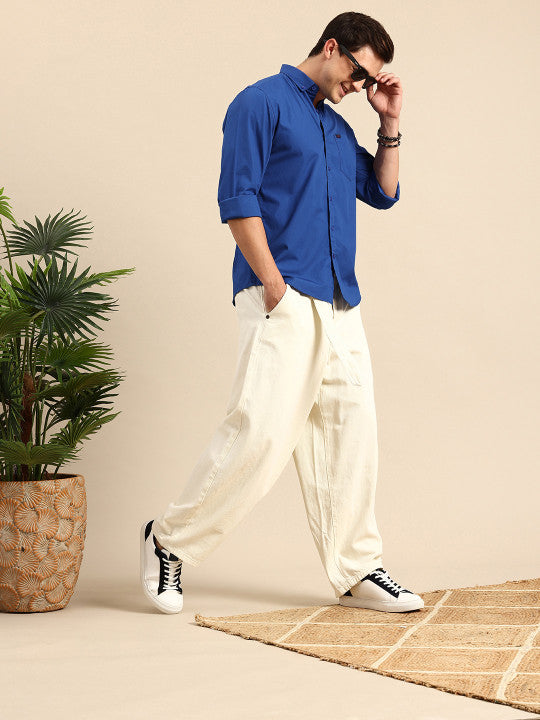 Aman Garments Men’s Blue Regular Fit 100% Cotton Casual Shirt – Button-Down Collar, Long Sleeves