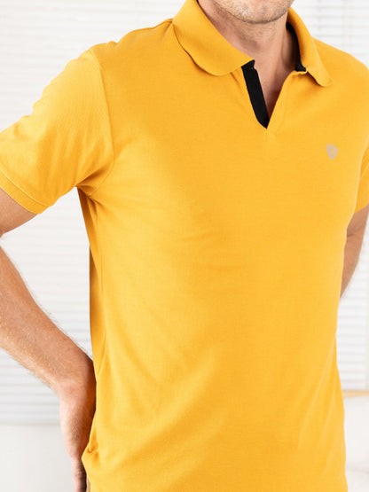 Levi’s Men’s Mustard Yellow Cotton Blend Polo Lounge T-Shirt – Short Sleeves, Regular Fit, Comfortable Everyday Wear