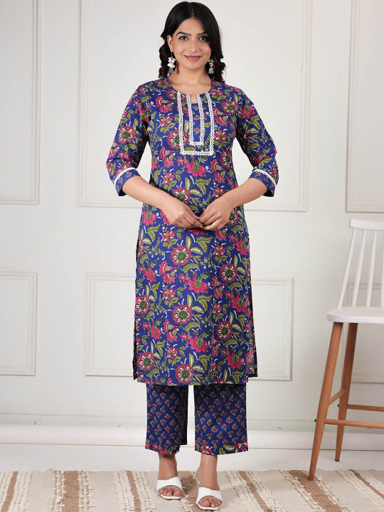 Blue Floral Printed Kurta with Patchwork – Cotton, Straight Fit, 3/4 Sleeve, Women’s Ethnic Wear