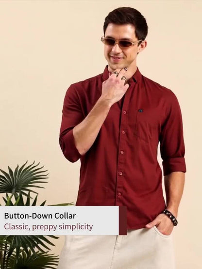 Aman Garments Men’s Maroon Regular Fit 100% Cotton Casual Shirt – Button-Down Collar, Long Sleeves