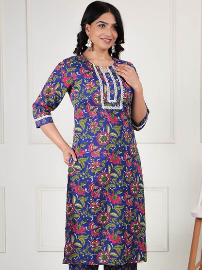 Blue Floral Printed Kurta with Patchwork – Cotton, Straight Fit, 3/4 Sleeve, Women’s Ethnic Wear