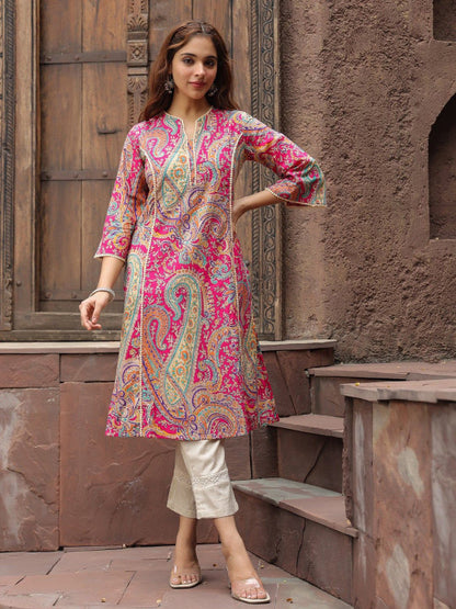 Pink, White & Green Paisley Printed A-Line Kurta – Viscose Rayon, Knee-Length, 3/4 Flared Sleeve, Women’s Ethnic Wear
