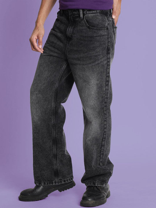 Men’s Medium Shade Heavy Fade Black Wide-Leg Cropped Jeans – 100% Cotton, Mid-Rise, 5-Pocket