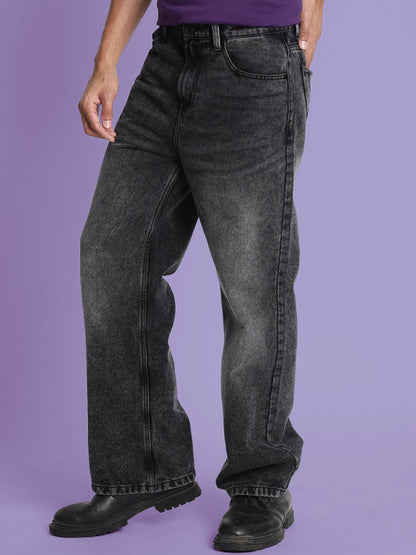 Men’s Medium Shade Heavy Fade Black Wide-Leg Cropped Jeans – 100% Cotton, Mid-Rise, 5-Pocket