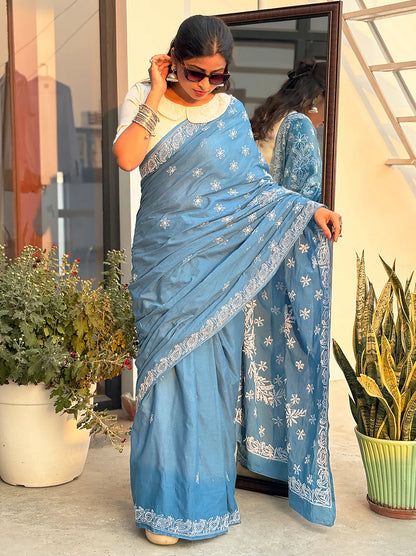 Aadhira Neel-Aab Mulmul Chikankari Saree – Sky Blue