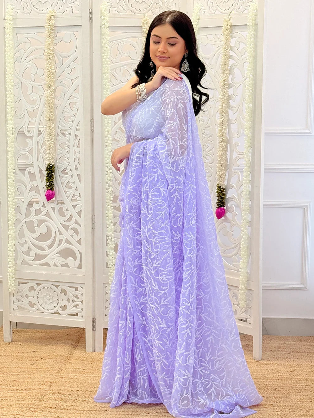 Kasmira Noor-E-Lavanya Georgette Chikankari Saree – Pastel Lavender