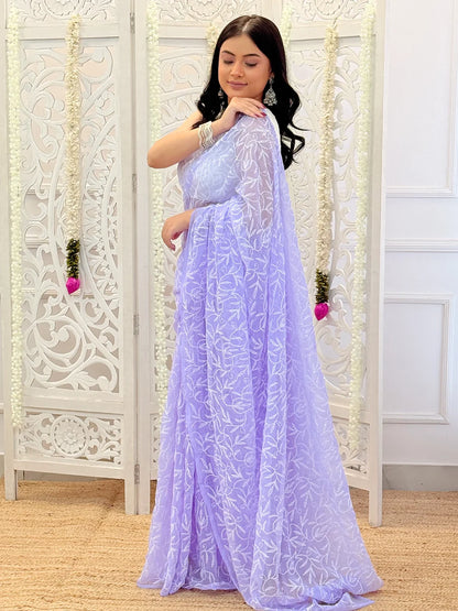 Kasmira Noor-E-Lavanya Georgette Chikankari Saree – Pastel Lavender