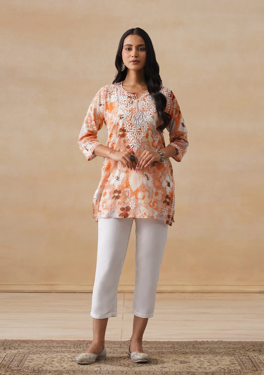Aaryaa Surkh-Saaz Mulmul Chikankari Long Kurta – Amber Orange