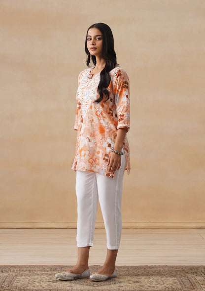Aaryaa Surkh-Saaz Mulmul Chikankari Long Kurta – Amber Orange